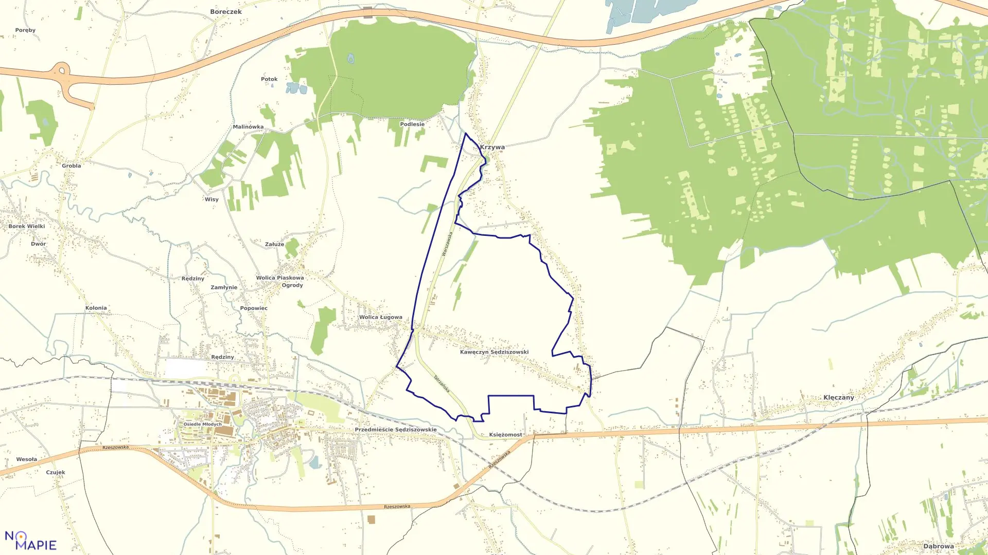 Mapa obrębu KAWĘCZYN SĘDZISZOWSKI w gminie Sędziszów Małopolski