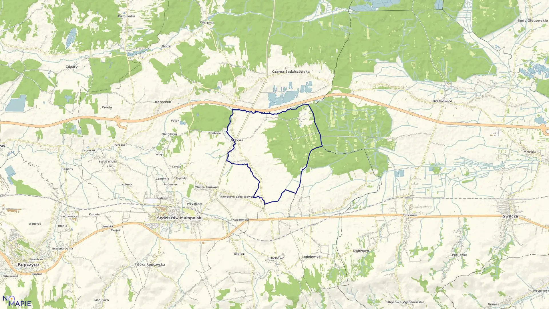 Mapa obrębu KRZYWA w gminie Sędziszów Małopolski